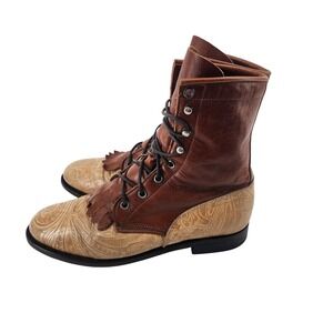 Vintage Justin Boots Womens 6B Lace Up Western Tooled Leather Fringe Kiltie USA